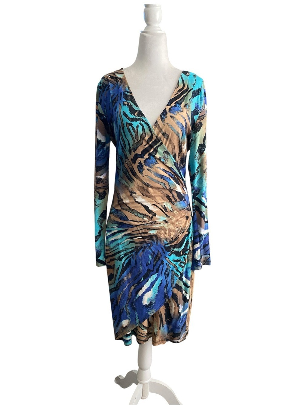 Cachè vintage Blue & Tan Abstract Wrap Dress